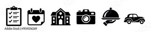 Set of black wedding planning icons featuring a checklist, calendar with a heart, venue, camera, catering service, and a vintage car for event organization concepts