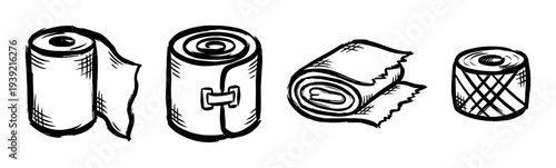 Set of four hand-drawn medical bandage rolls in a black and white sketch style, showing different elastic wraps for first aid, injury treatment, and healthcare concepts