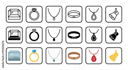 Collection of jewelry and accessory icons presented in three different styles: line art, solid glyph, and flat color design for web and mobile applications