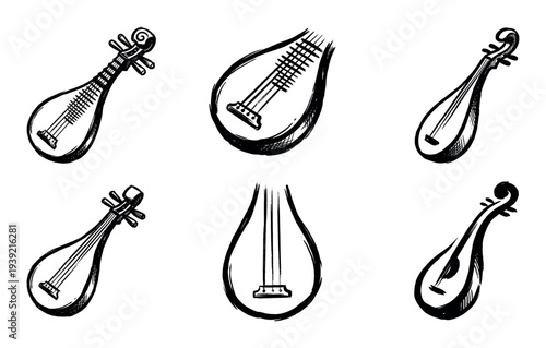 Set of six traditional Asian lute musical instruments hand-drawn in a black ink brush stroke style, showing different variations of the pear-shaped stringed instrument