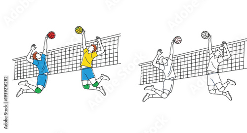 Two male volleyball players jumping and spiking the ball at the net, colored and black and white line art vector illustration isolated on white background.
