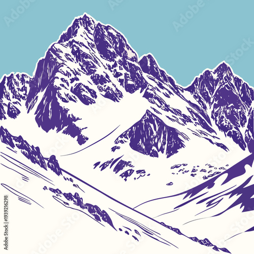 Illustration of a snowy mountain range with a blue sky in the background in purple and white colors