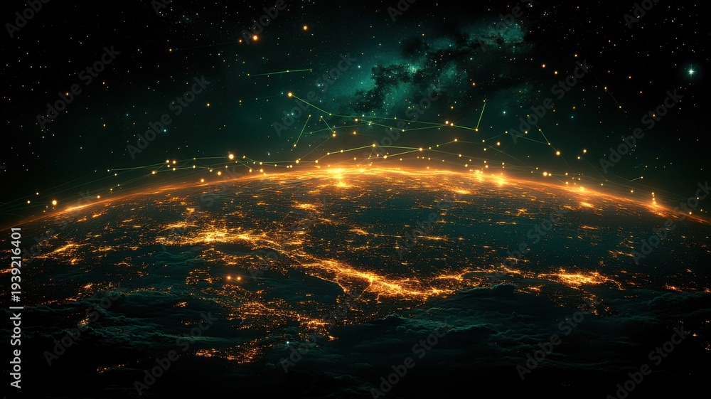 Fototapeta premium Global Digital Network Overlays Earth City Lights at Night network night planet globe space data map