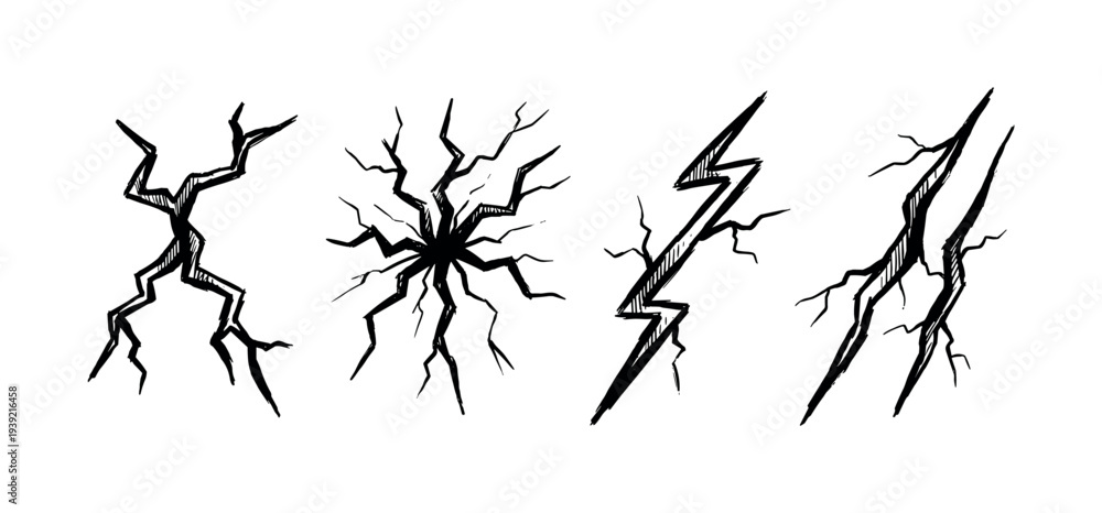 Fototapeta premium Hand-drawn black crack and lightning bolt illustrations in a sketchy doodle style showing surface damage, impact, and destruction, a set of four graphic elements