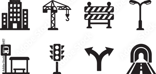 Set of 8 road and construction icons vector