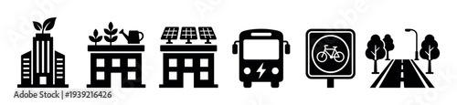 Collection of black silhouette icons for sustainable urban living, including green buildings, rooftop gardens, solar power, an electric bus, and a bicycle lane sign