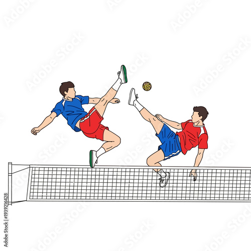 Sepak Takraw Players Competing with Acrobatics Over Net