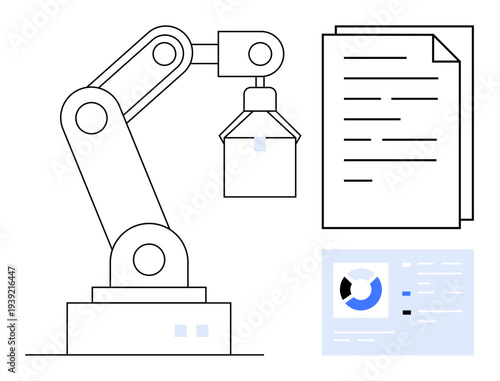 Automation concept. ion of a robotic arm handling tasks, digital documents, and the integration of automation into data management. Automation streamlines workflows and efficiency. Ideal for tech
