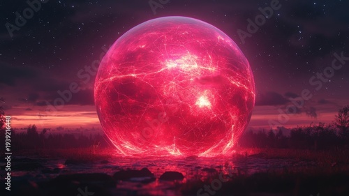 Abstract Glowing Red Energy Sphere in Fantasy Landscape at Twilight abstract fantasy landscape power