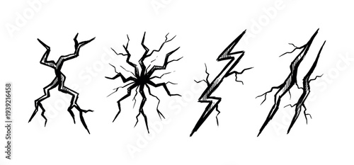 Hand-drawn black crack and lightning bolt illustrations in a sketchy doodle style showing surface damage, impact, and destruction, a set of four graphic elements