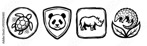 Set of four hand-drawn icons featuring endangered animals like a turtle, panda, rhino, and pangolin, depicted in a black ink brush stroke style for wildlife conservation concepts