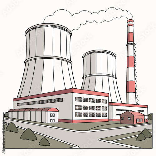 A nuclear power plant with cooling towers and a smokestack emitting steam and smoke