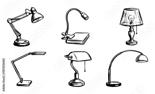 Six hand-drawn table and desk lamps in a black ink sketch illustration style, showcasing a variety of lighting fixtures from classic lampshades to modern minimalist designs