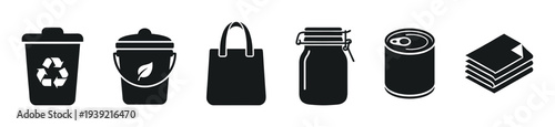 Collection of six black silhouette icons for sustainability concepts, showing a recycling bin, compost pail, tote bag, glass jar, tin can, and stacked paper