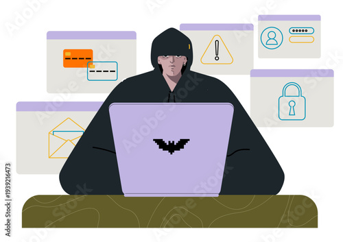 Hacker using a laptop to steal personal data online. Concept of cybercrime, data breach, hacking attack, and internet security threat.
