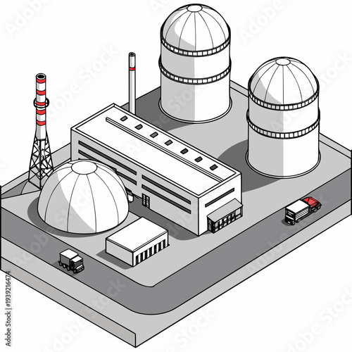 Isometric illustration of a nuclear power plant with cooling towers and reactors