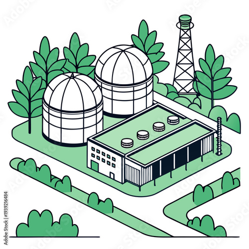Illustration of a nuclear power plant with cooling towers and a reactor building surrounded by trees and greenery