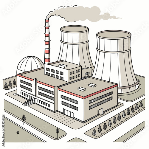 A nuclear power plant with cooling towers emitting smoke