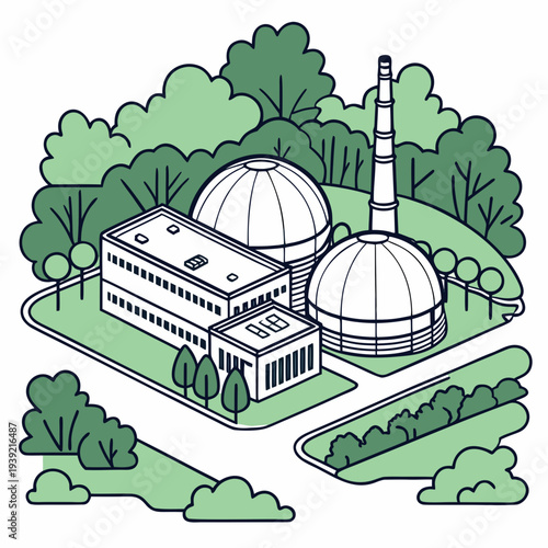Illustration of a nuclear power plant with domed structures and a tall chimney surrounded by trees and greenery