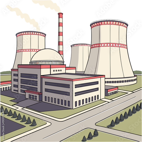 A large nuclear power plant with cooling towers emitting smoke