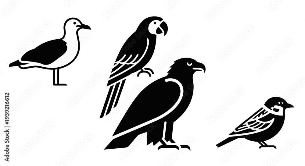 Obraz premium Diverse Bird Species Silhouettes Collection: Seagull, Parrot, Eagle, Sparrow Icons