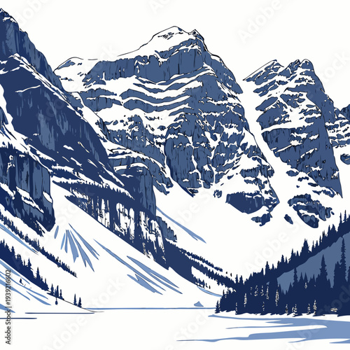 Snowy mountain range with trees and frozen lake in winter season