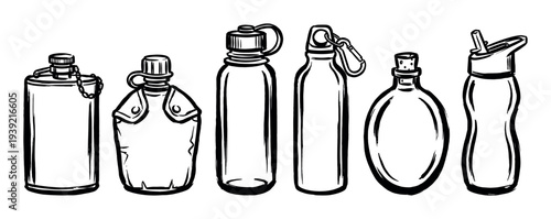 Set of six different reusable bottles and flasks for water and drinks, depicted in a simple black and white hand-drawn sketch style illustration showing various designs