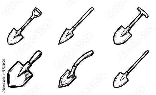 Set of six hand-drawn shovels and spades in a black ink sketch style, showcasing various types of digging tools for gardening, construction, and archaeology