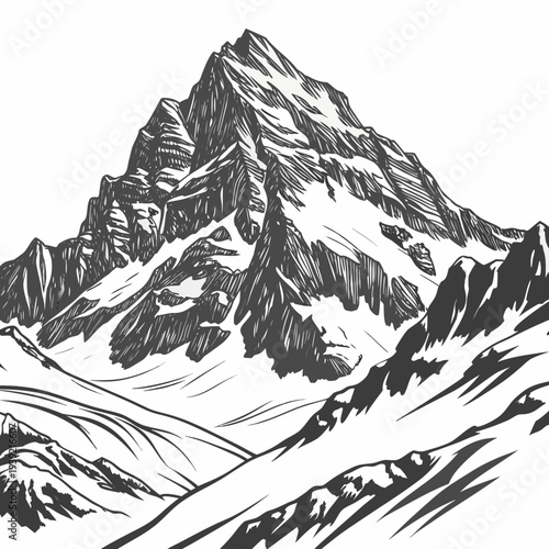 A black and white illustration of a snowcapped mountain peak with rugged terrain and icy slopes