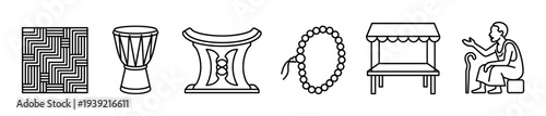 Set of black line art icons representing traditional African culture, including a geometric textile pattern, a djembe drum, an ornate stool, beads, a market stall, and a seated storyteller