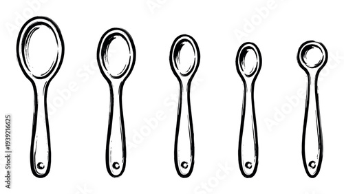 Set of five black hand-drawn measuring spoons in various sizes arranged in a neat row, a minimalist ink brush sketch style illustration for cooking and baking concepts