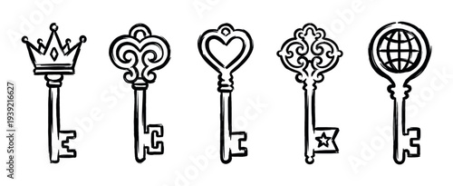 Collection of five antique skeleton keys with symbolic heads including a crown, heart, and globe, rendered in a simple black and white hand-drawn sketch style