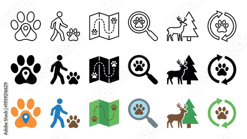 Set of animal tracking and wildlife icons in line, solid silhouette, and flat color styles, illustrating concepts of navigation, searching, forest animals, and conservation