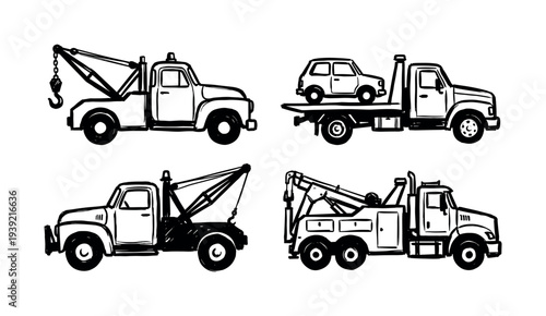 Set of four hand-drawn tow trucks in a black and white sketch style, showing different types of recovery vehicles including a flatbed, wrecker, and a classic hook and chain model