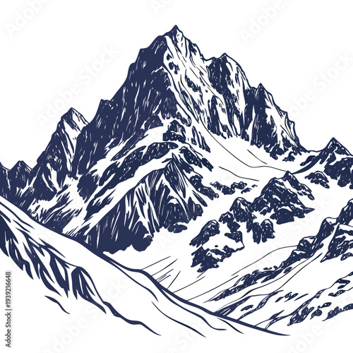 A majestic mountain range with snowcapped peaks in a vintage line art style