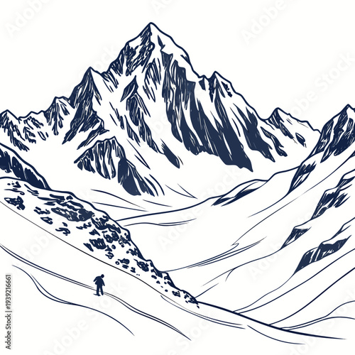 A person hiking on a snowy mountain trail with a large mountain range in the background