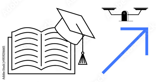 Education, justice, career growth, knowledge, decision-making, progress. Open book with mortarboard, scale of justice blue upward arrow. Education and justice inspiring development concept