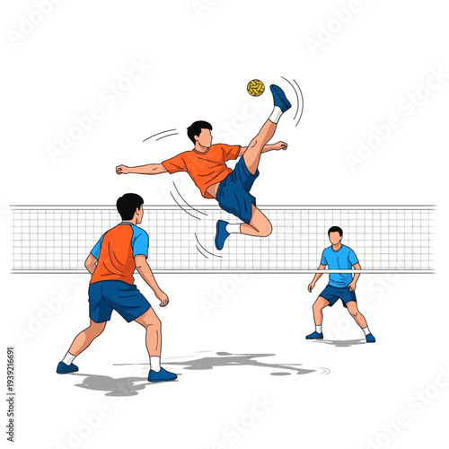 Sepak Takraw Players in Action, Acrobatics, and Teamwork on Court
