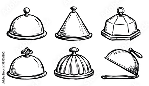 Collection of six hand-drawn restaurant food covers in a vintage sketch style, featuring various cloche and serving dome designs for fine dining and catering concepts