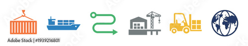 Set of colorful logistics and supply chain icons illustrating the process of global freight, from container shipping and port warehousing to forklift delivery and worldwide distribution