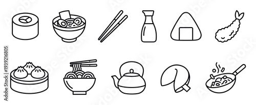 Collection of Asian food line icons featuring sushi, ramen, noodles, dumplings, tempura, and onigiri in a minimalist black and white vector illustration for a restaurant menu