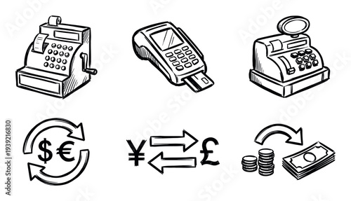 Set of hand-drawn finance icons including cash registers, a POS terminal, and currency exchange symbols in a black and white sketch style for business and commerce concepts
