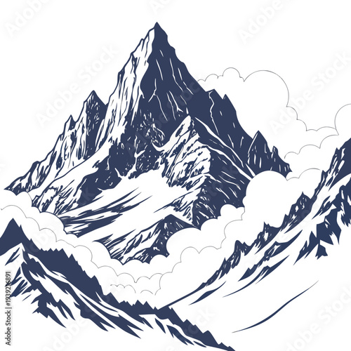 A stunning mountain range with snowcapped peaks and clouds in a vintage travel poster style