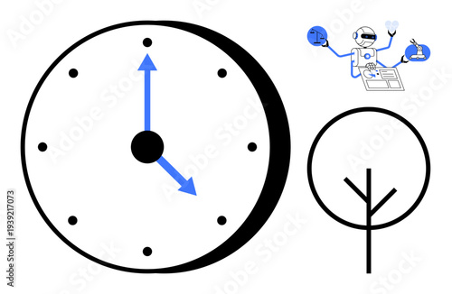 Time management, automation, environmental focus, scheduling, futuristic design, task execution. Large clock with blue arrows, simple tree robotic figure multitasking. Time management and automation
