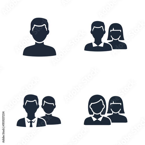 Illustration of set of business people icons in dark blue color with two people
