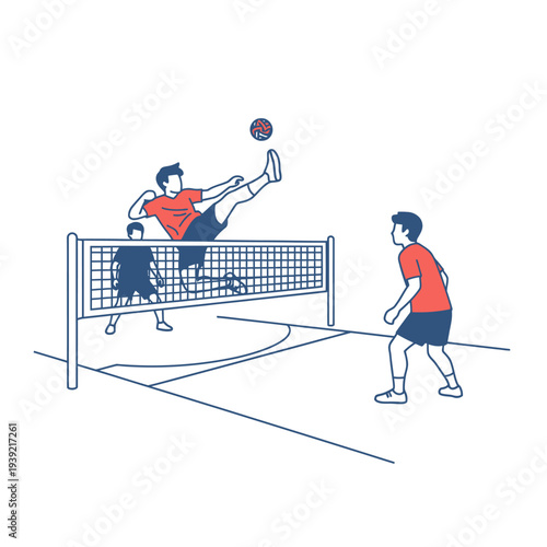 Takraw players in action, one performs a spectacular kick over the net on a court.