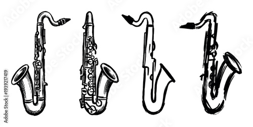 Four black ink brush stroke saxophones in a hand-drawn sketch style, showing a collection of musical instruments with different levels of artistic and abstract detail