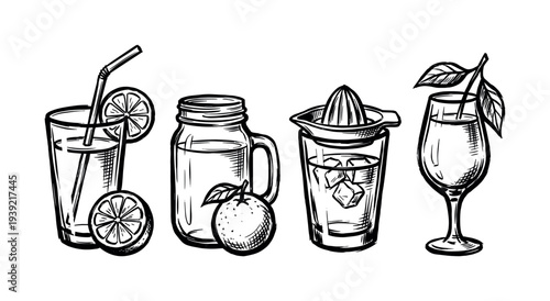 Set of hand-drawn citrus drink illustrations in a black and white sketch style, featuring lemonade, a mason jar with an orange, a juicer, and a stemmed cocktail glass