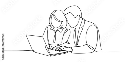 Man and Woman Working at Laptop Continuous One Line Drawing