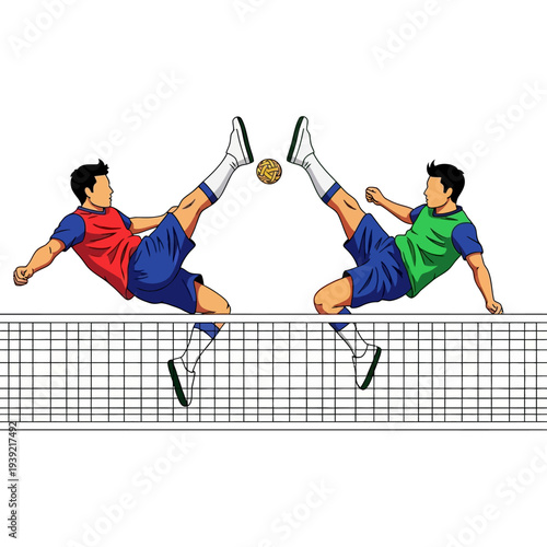 Two Athletes Play Sepak Takraw Over Net, Dynamic Kicking Action